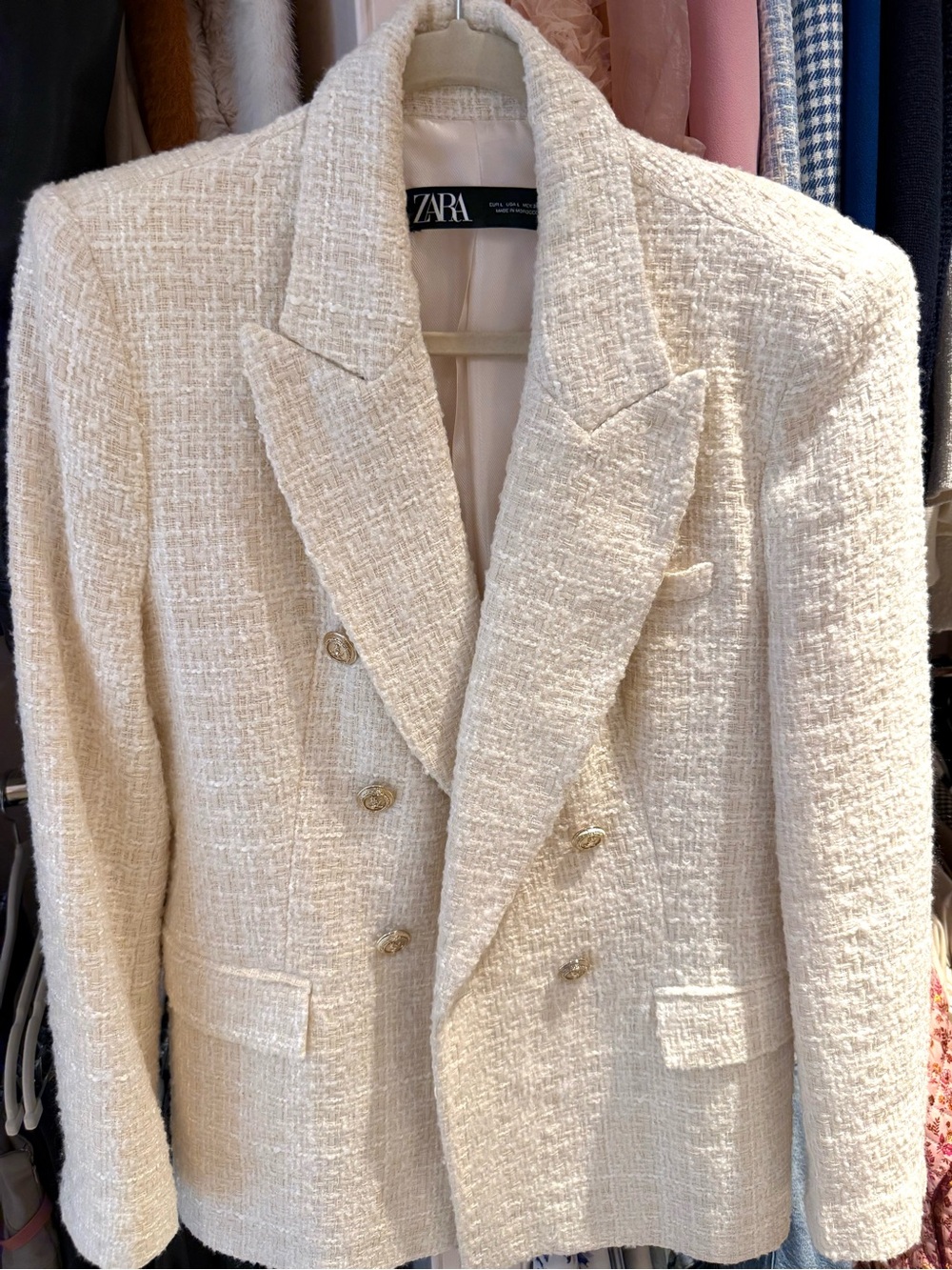 Zara Cream Tweed Double-Breasted Bouclé Blazer